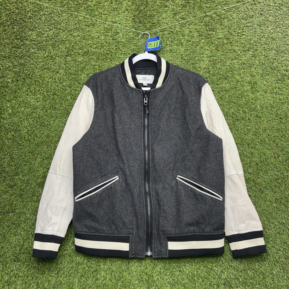 Coach Wool Leather Varsity Jacket Mens Large Slim Designer Black White F86524
